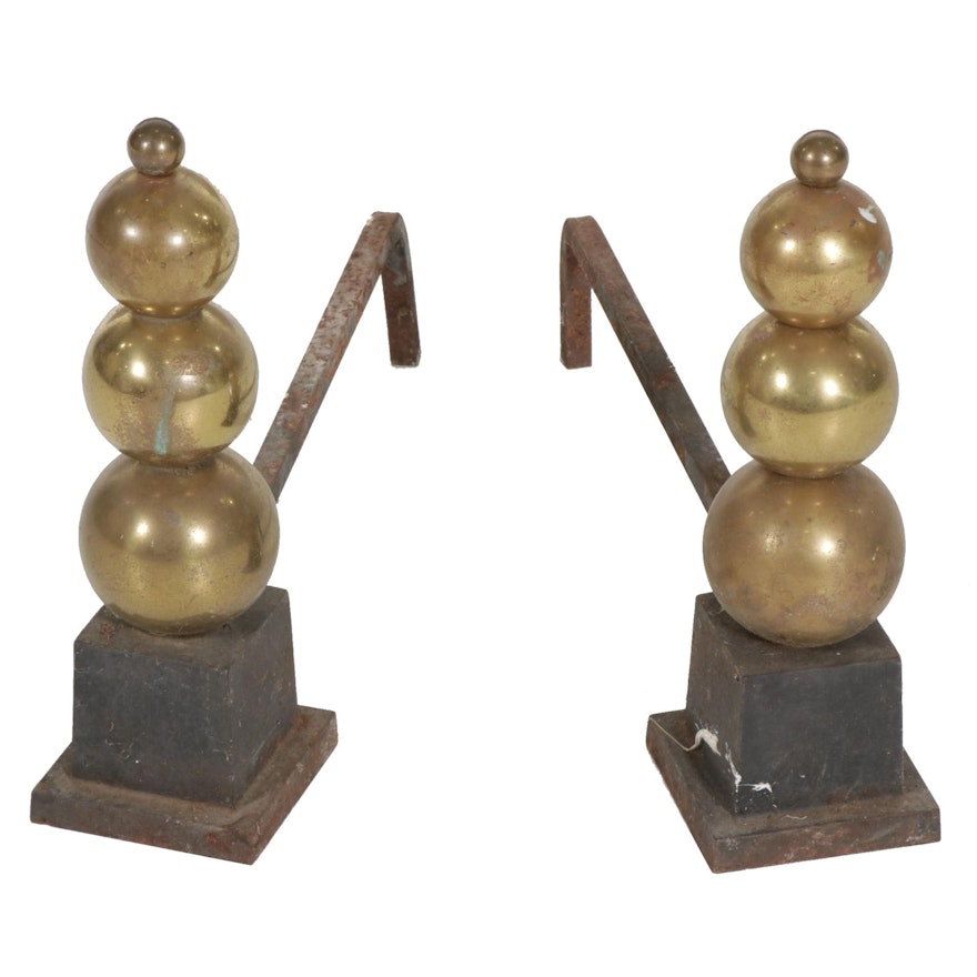 Pair of Andirons with Brass Spheres, Mid 20th Century