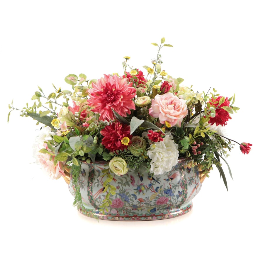 Artificial Floral Arrangement in Chinese Famille Rose Foot Bath Planter