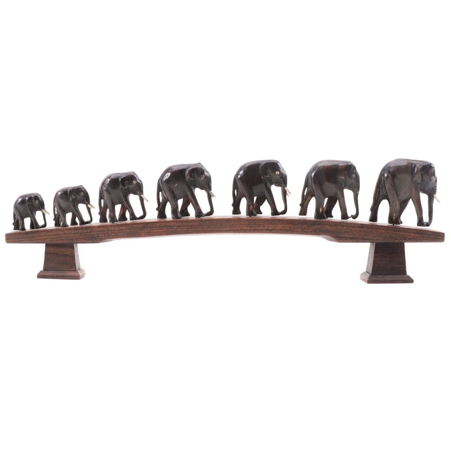 African Style Hand-Carved Horn Elephant Figures on Wood Base