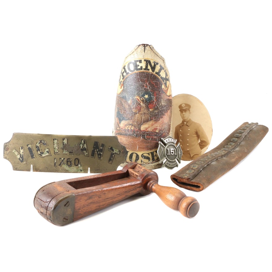 Wooden Rattle Fire Alarm with Badge, Photo and Other Fire Department Memorabilia
