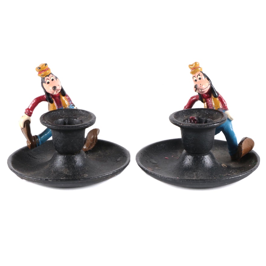 Pair of Walt Disney Cast Iron Goofy Candlesticks, Mid-20th Century