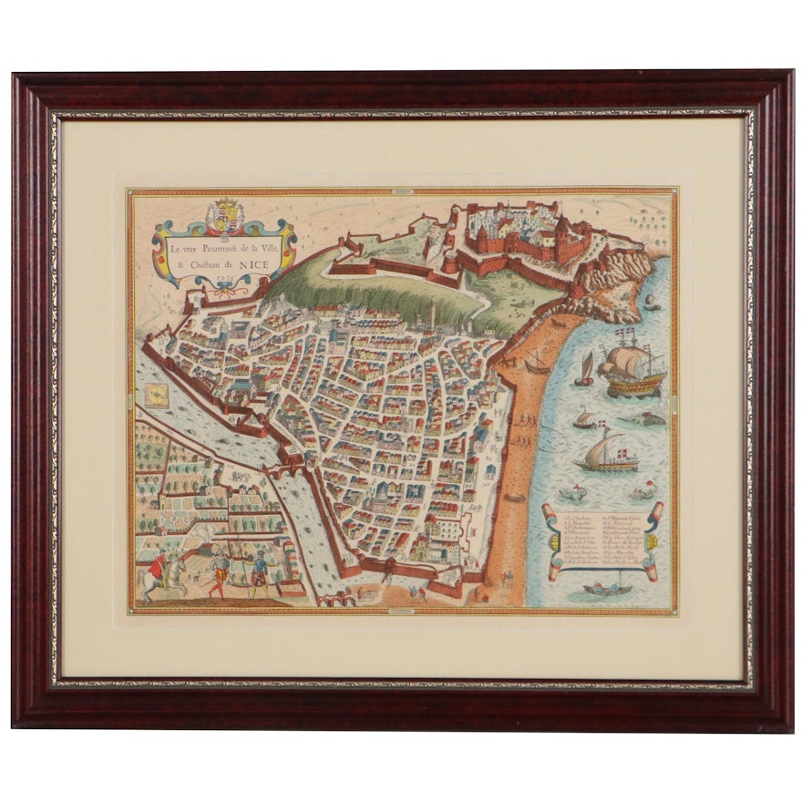 Hand-Colored Lithograph Map of Nice in 1576