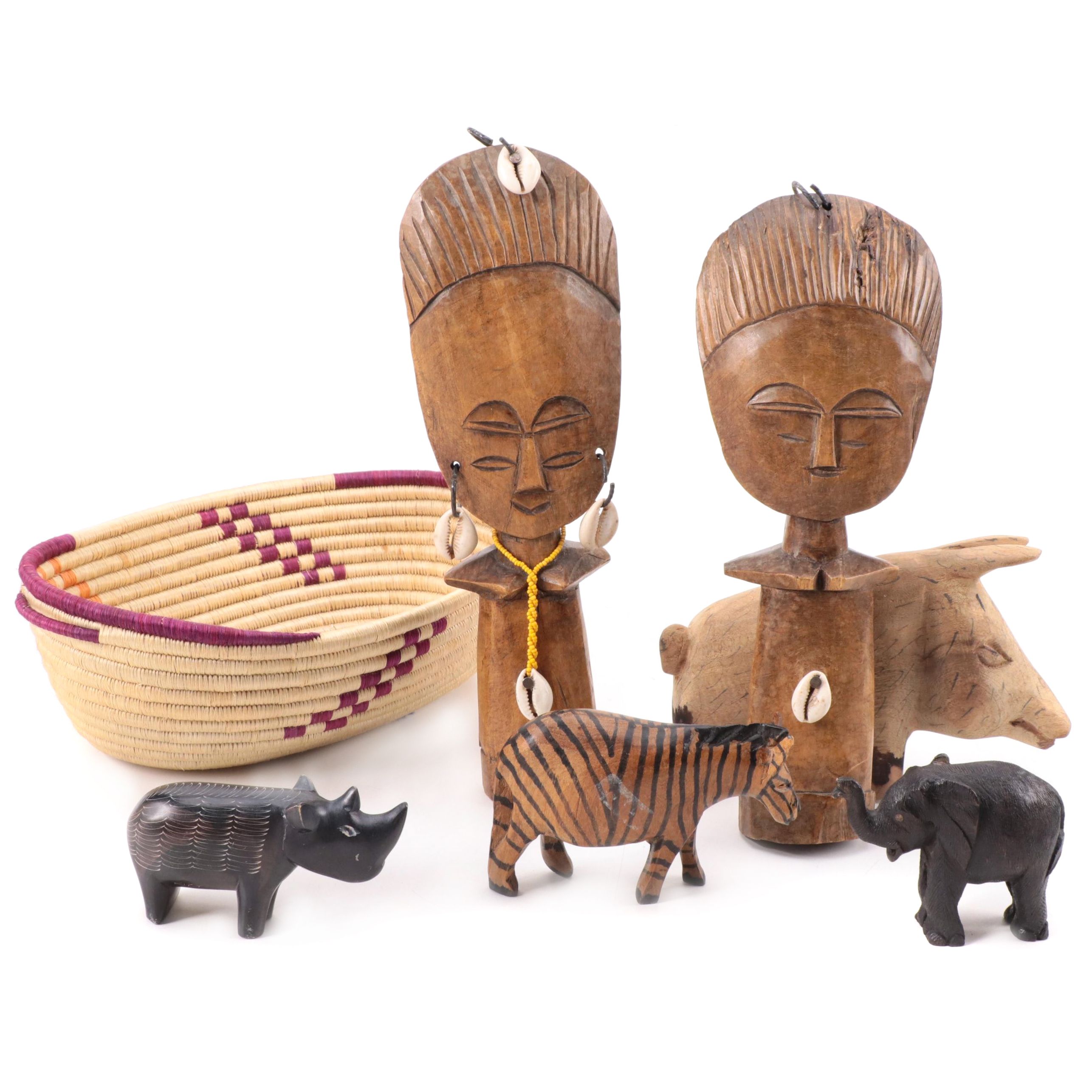African Hand-Carved Animal Figurines, Akua'ba Inspired Dolls and Basket