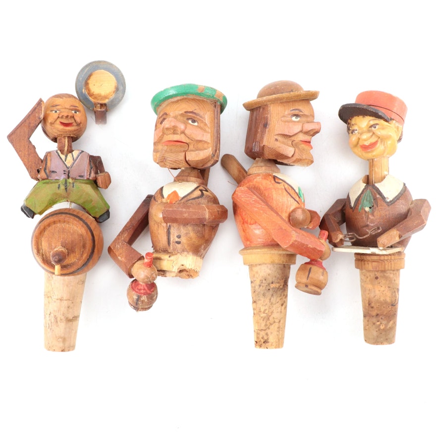 German Hand-Carved Articulated Figural Wood Bottle Stoppers, Early 20th Century