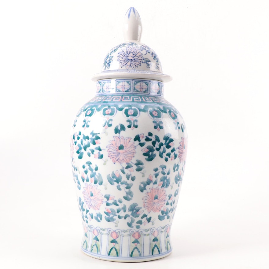 Chinese Lotus and Vine  Porcelain Temple Jar, Late 20th Century