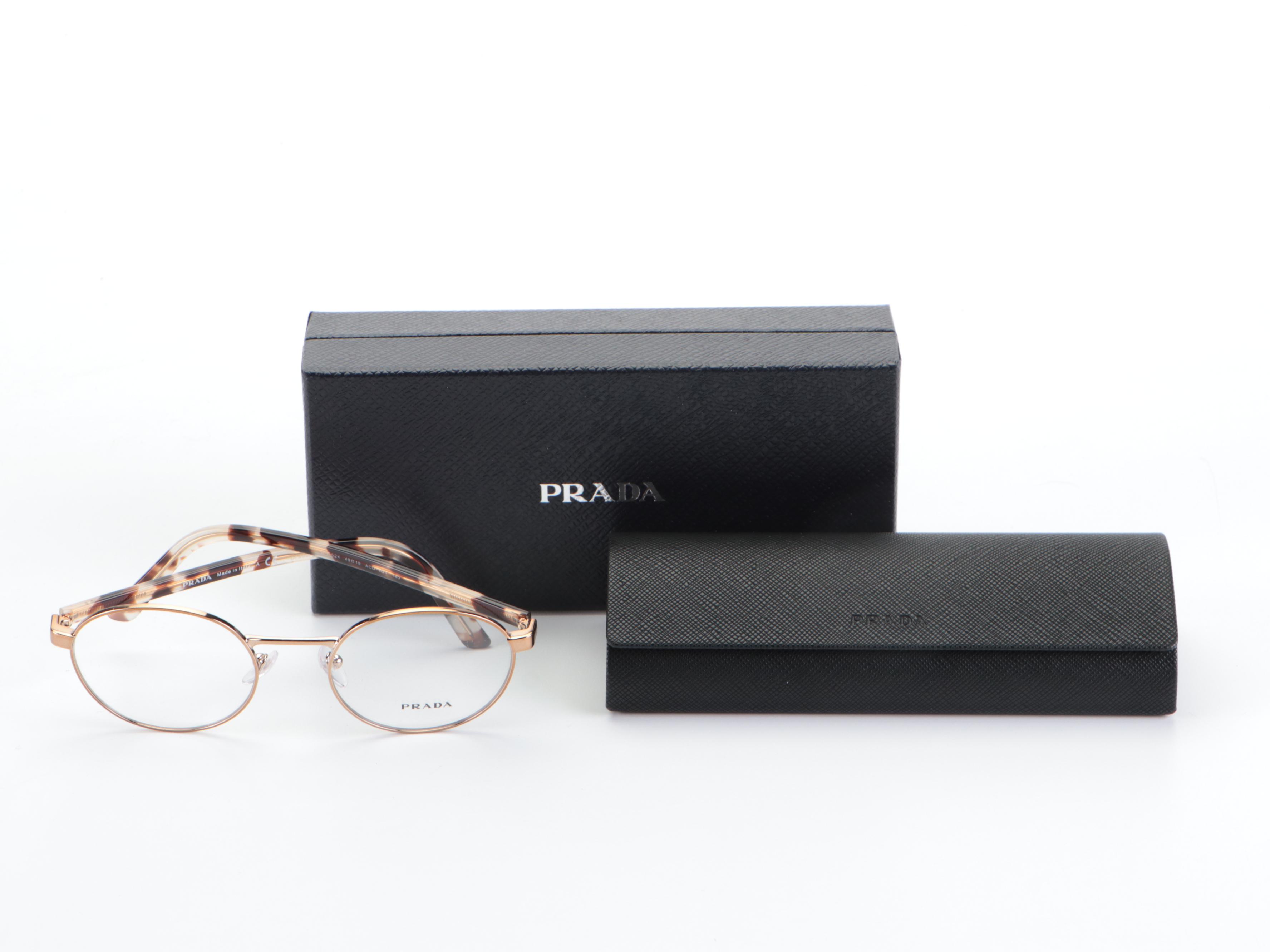 Prada VPR52X Gold-Light Havana Frame Round Lens Eyeglasses with Box and Case