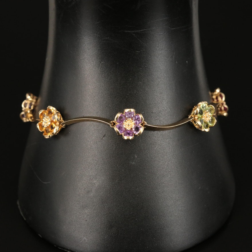 14K Iolite, Rhodolite Garnet, Peridot and Gemstone Flower Station Bracelet