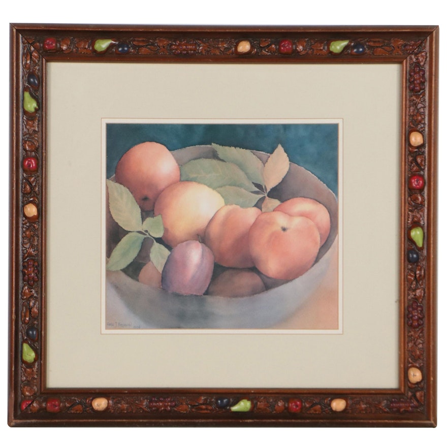 Offset Lithograph After Anna Krajewski in Folk Art Fruit-Themed Frame