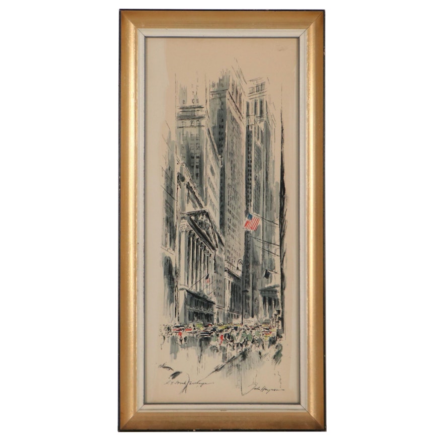 Hand-Colored Lithograph After John Haymson "New York Stock Exchange"