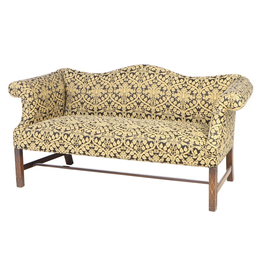 Chippendale Style Camel Back Settee Upholstered in Scalamandre Fabric
