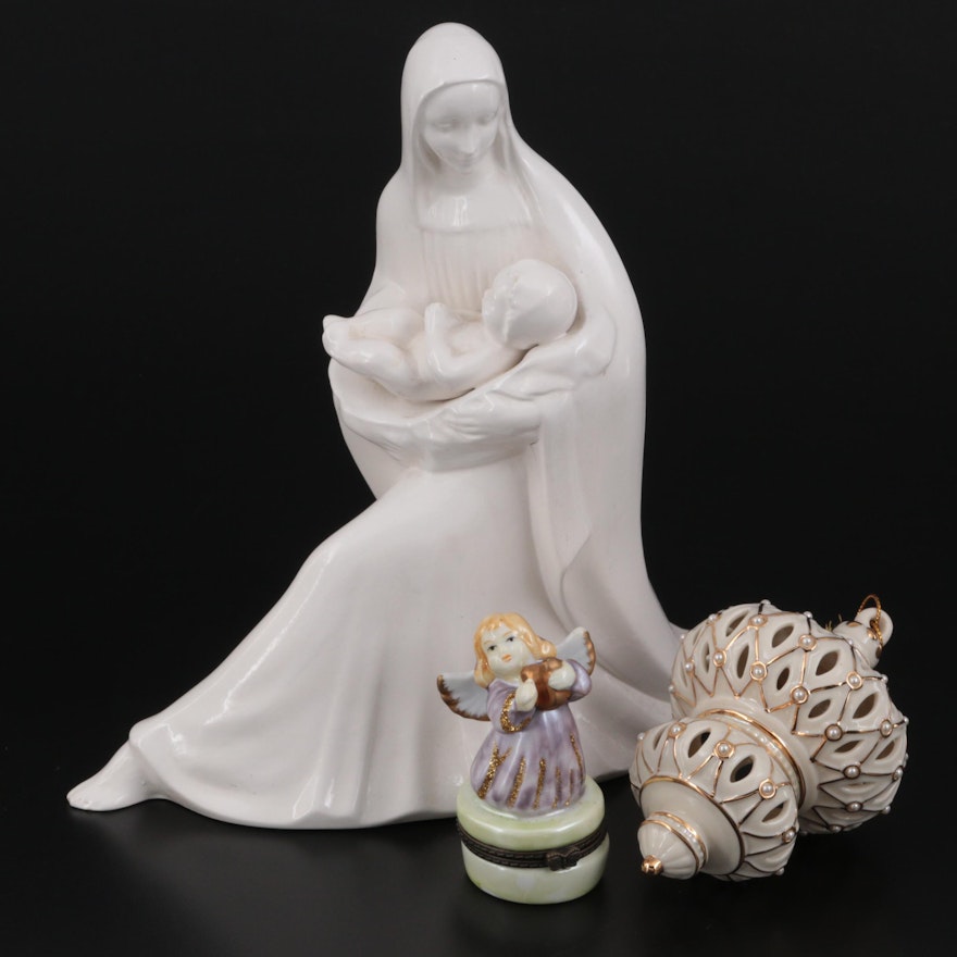 Lenox Porcelain Ornament, Madonna and Child Figurine, and Porcelain Trinket Box
