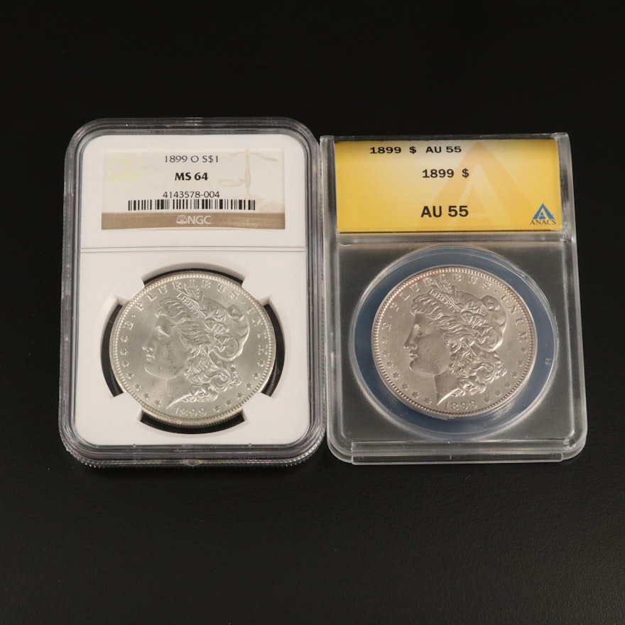 Better Dates ANACS AU55 1899 and NGC MS64 1899-O Morgan Silver Dollars