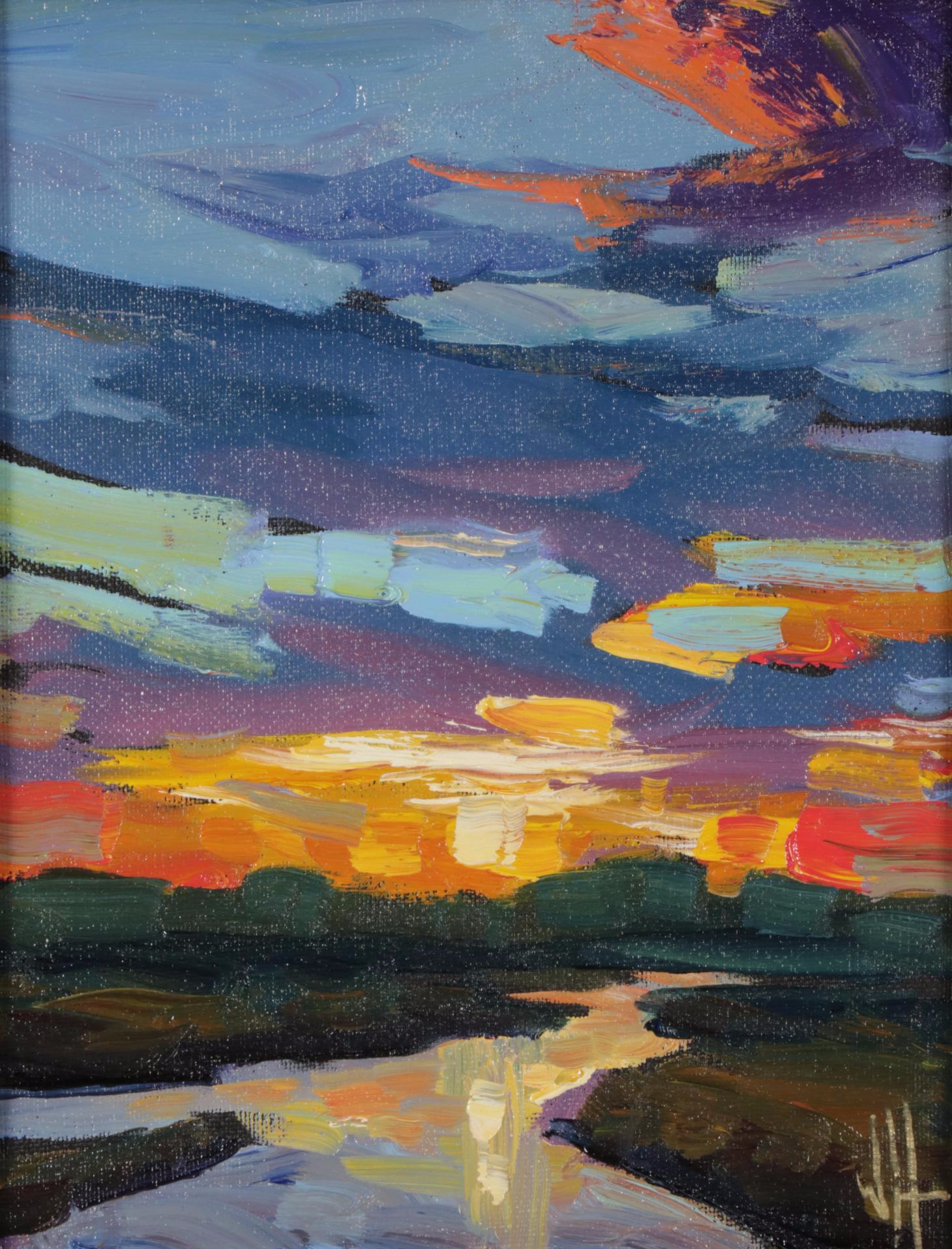 William Hawkins Oil Painting of Sunset Over River Delta, 21st Century
