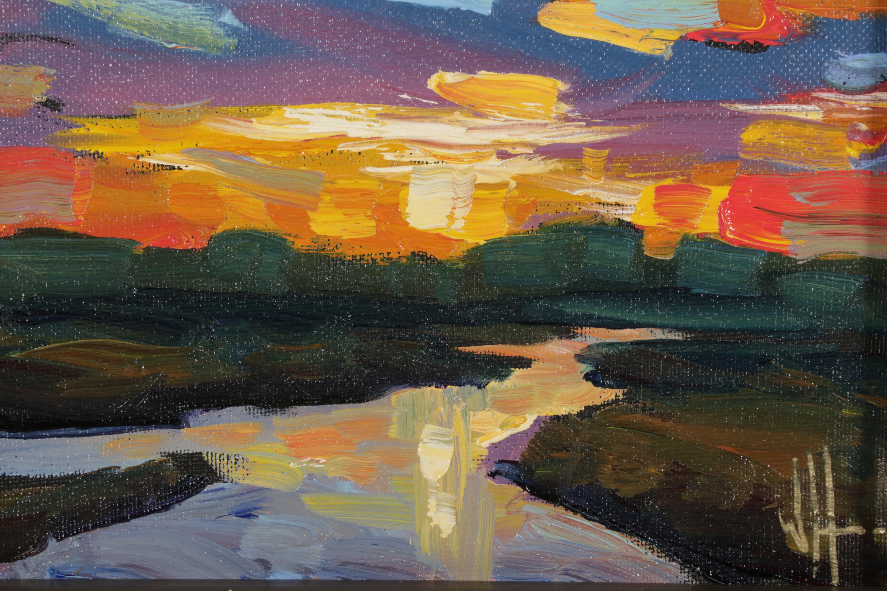 William Hawkins Oil Painting of Sunset Over River Delta, 21st Century