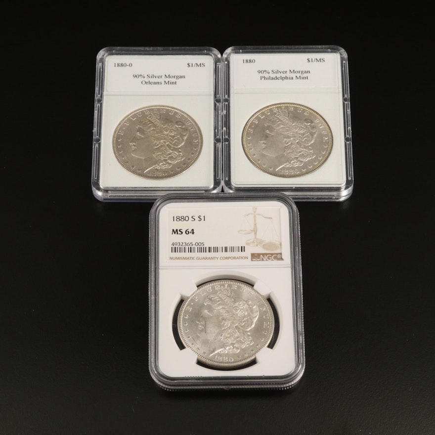 1880, 1880-O And NGC MS64 1880-S Morgan Silver Dollars