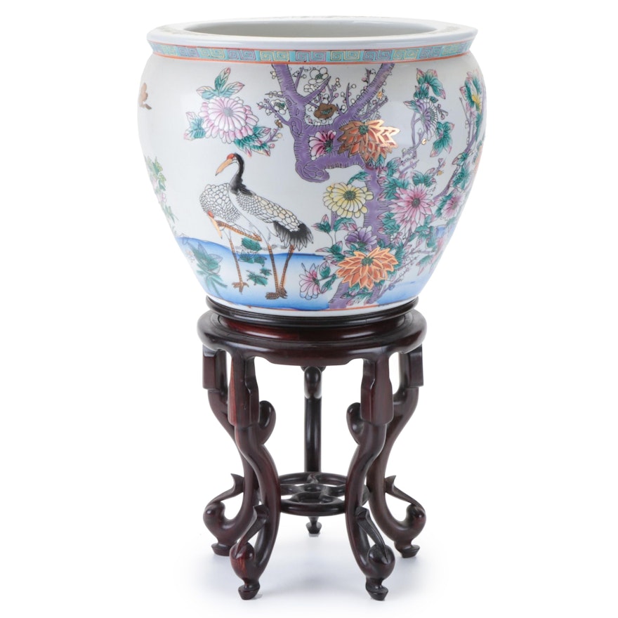 Chinese Crane and Flower Fishbowl Jardinière with Wood Stand, Late 20th C.