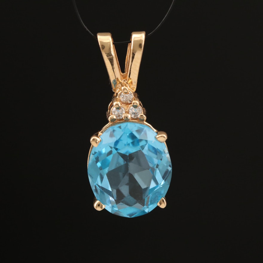 14K Gold Swiss Blue Topaz and Diamond Pendant