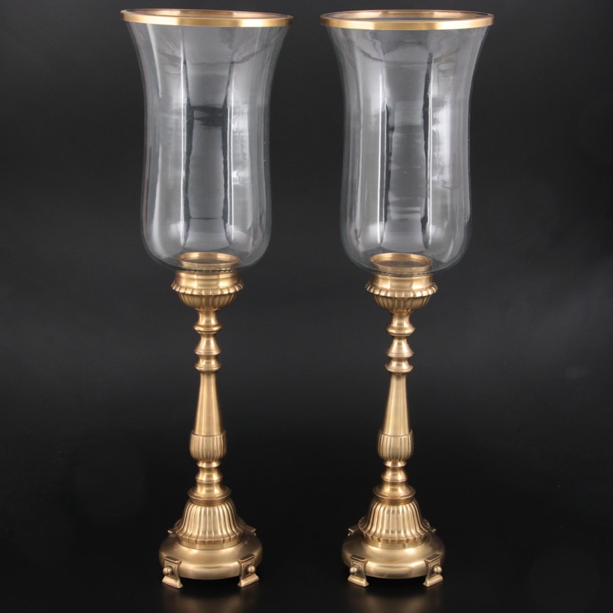 Indian Brass Candlesticks with Glass Hurricane Shades
