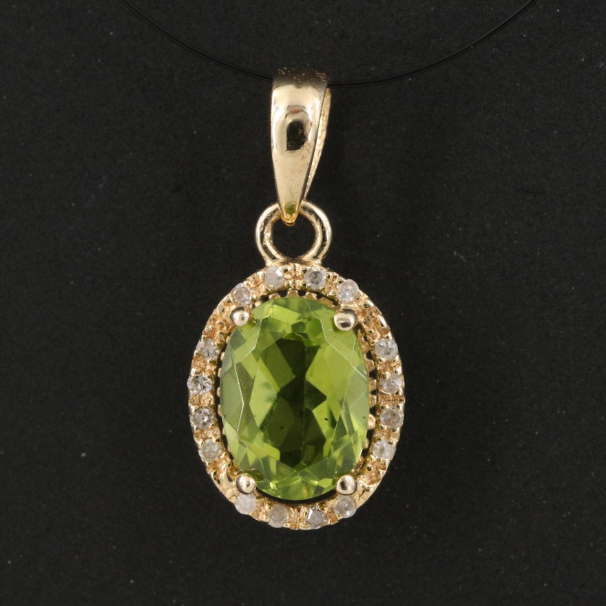 14K Gold Peridot Pendant with Diamond Halo