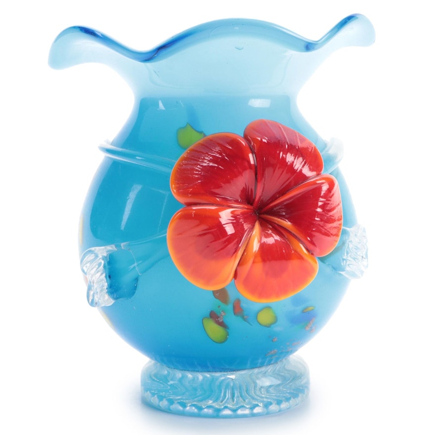 Art Glass Vase with Dimensional Hibiscus Flower Accent