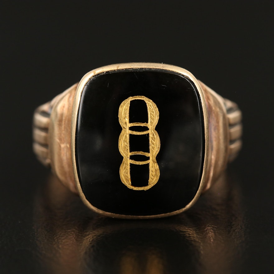 10K Black Onyx and Enamel Inlay Ring