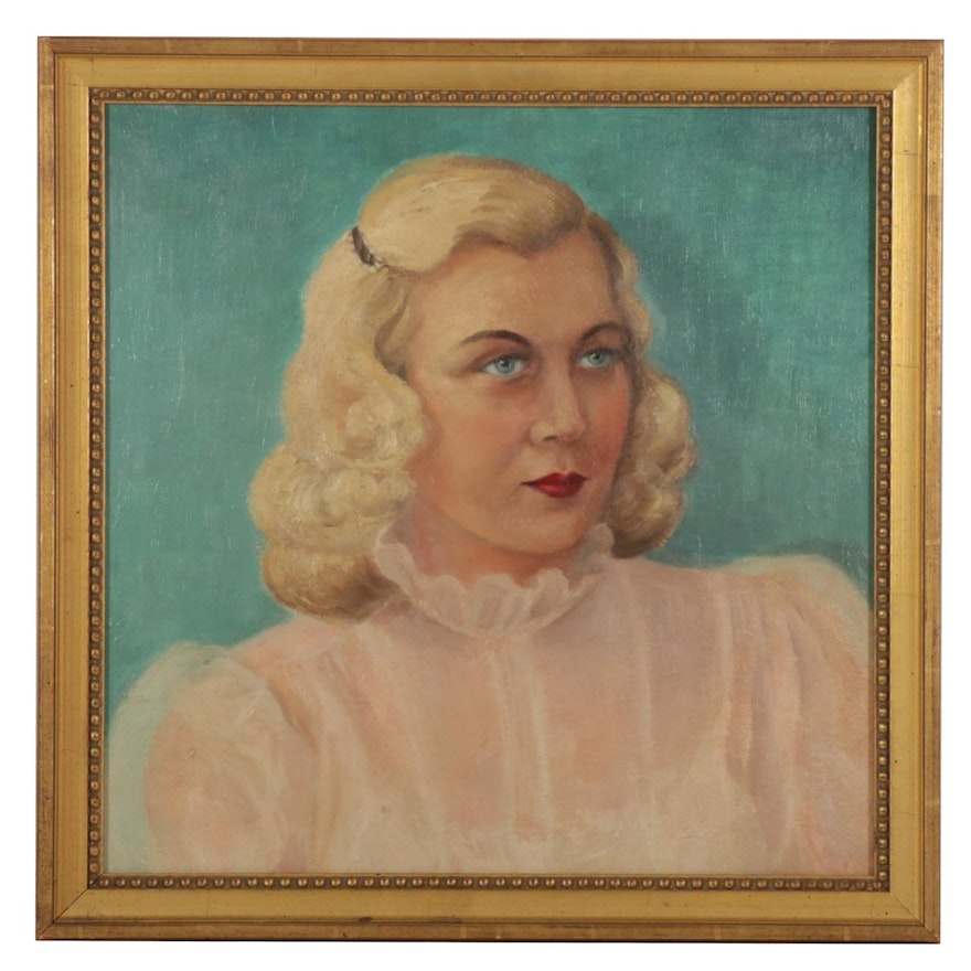 Portrait Oil Painting of Woman in Peach Blouse, Early-Mid 20th Century