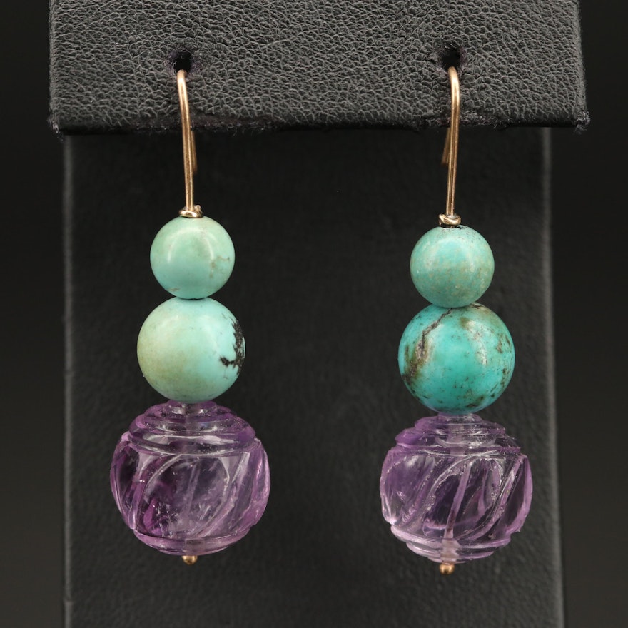 14K Carved Amethyst and Turquoise Bead Earrings
