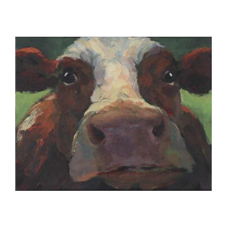 Elle Raines Acrylic Painting of Cow, 21st Century