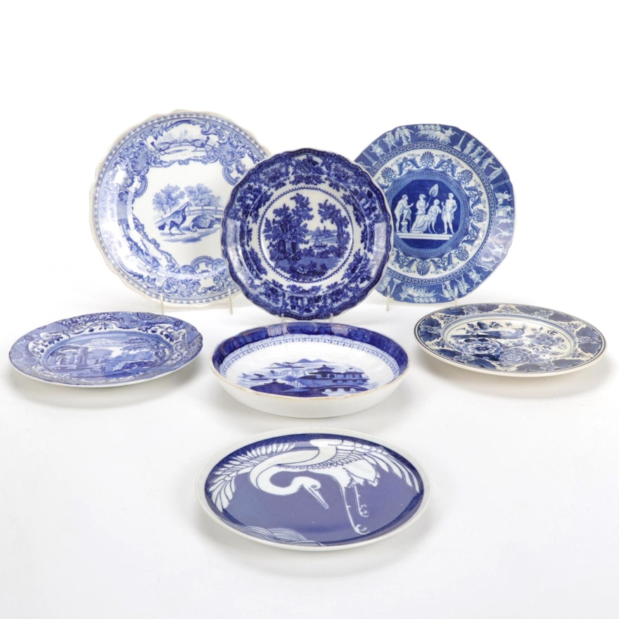 W. Adams English "Fairy Villa" with Other Blue and White Plates