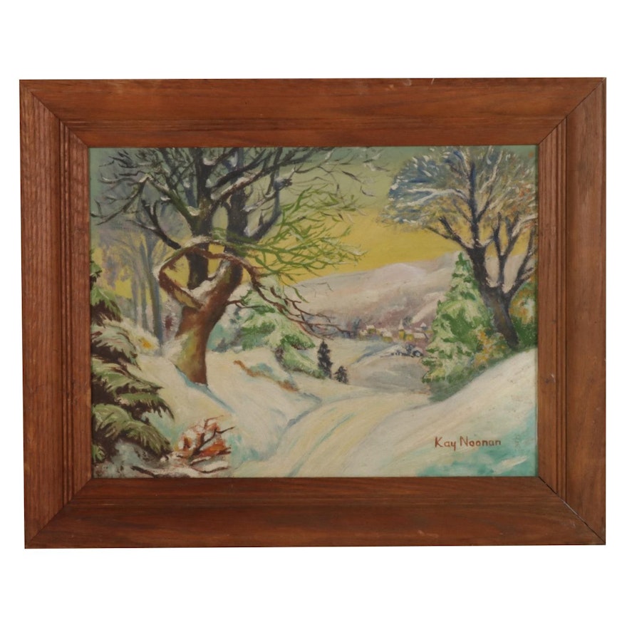 Kay Noonan Oil Painting of Rural Winter Path, Mid-Late 20th Century