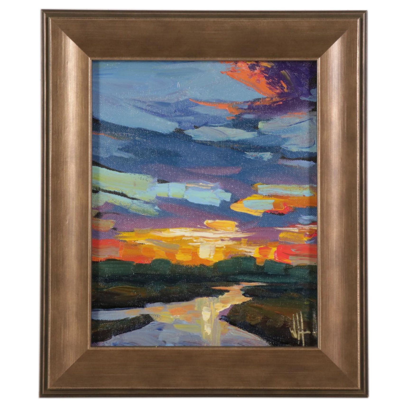 William Hawkins Oil Painting of Sunset Over River Delta, 21st Century