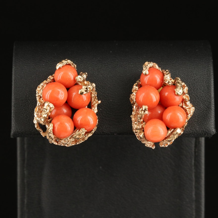 14K Coral Cluster Earrings