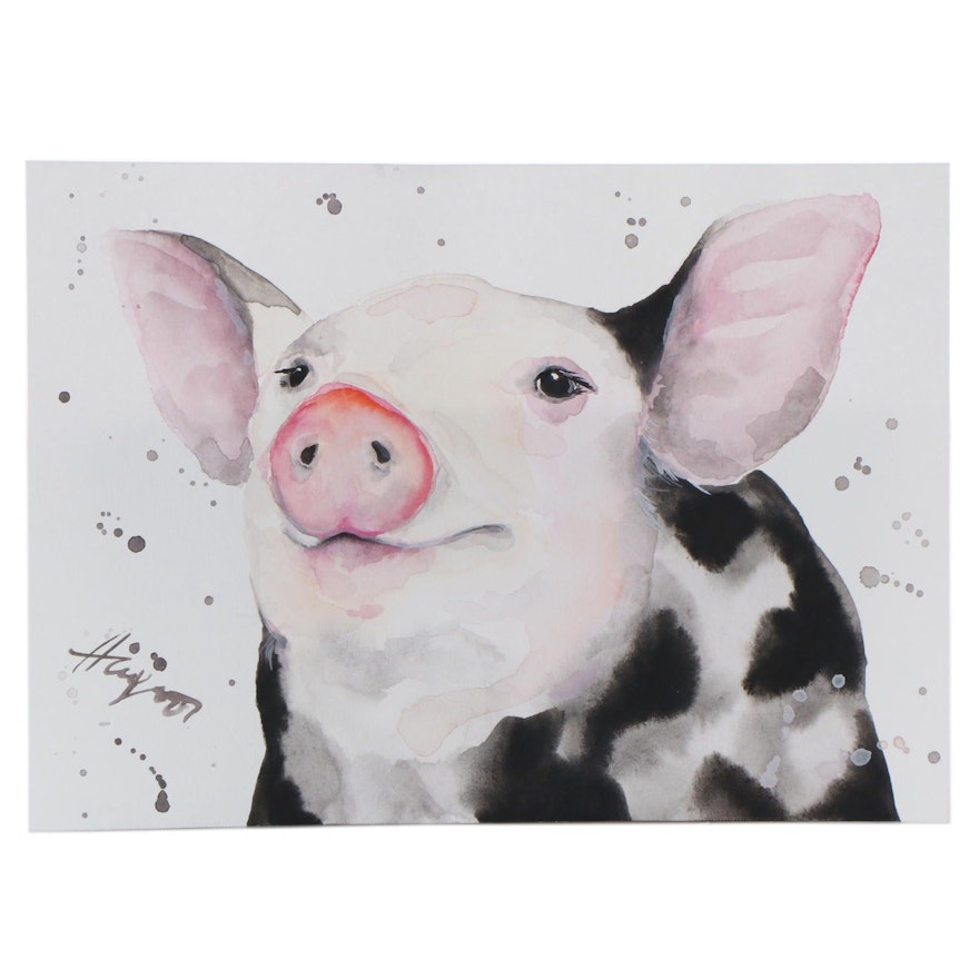 Anne Gorywine Watercolor Painting of Pig, 2021