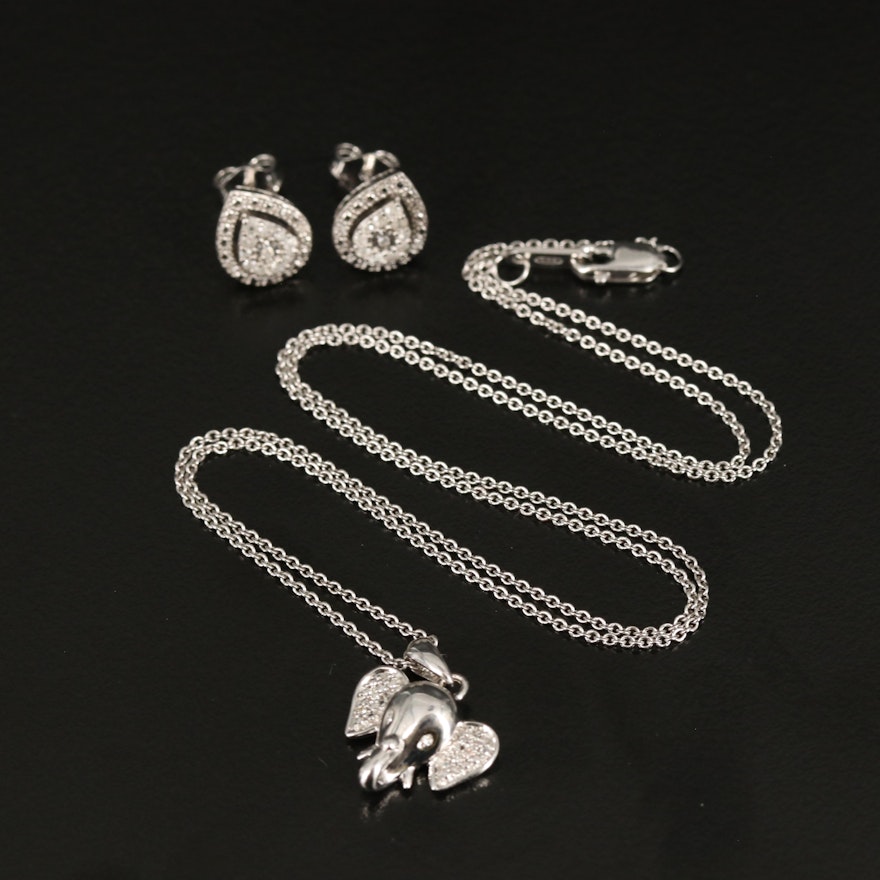 Sterling Diamond Elephant Pendant Necklace and Teardrop Stud Earrings