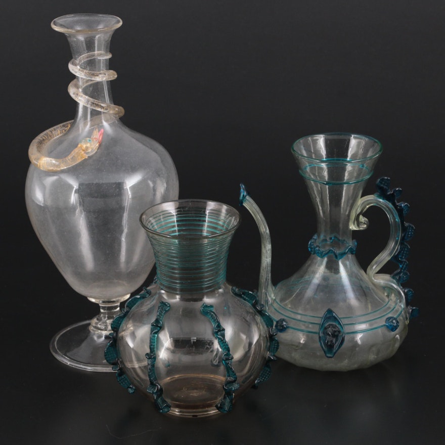 Façon de Venise Glass Cruet with Rigaree and Coiled Art Glass Vases