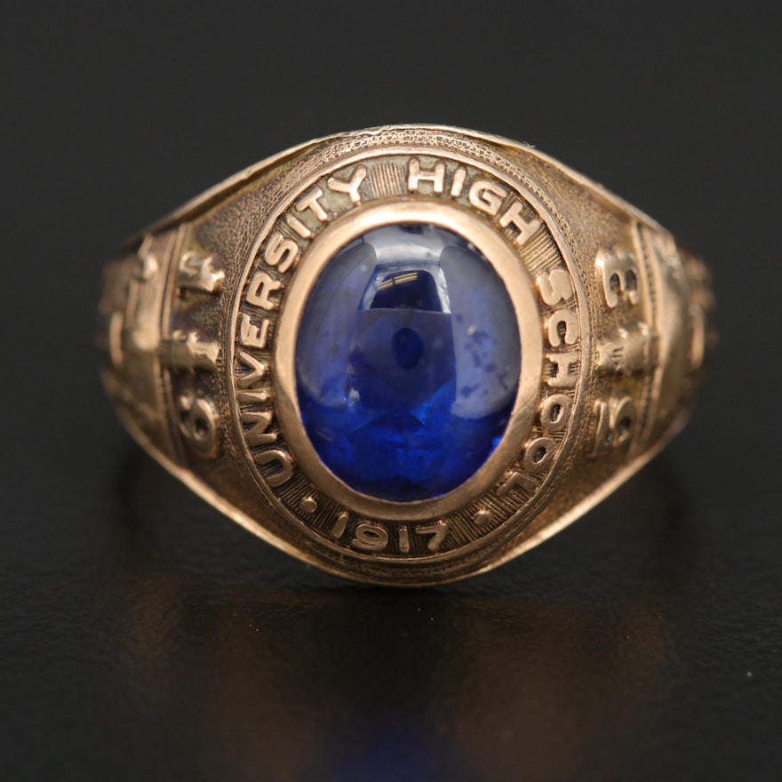 Vintage 10K Gold 1953 University High School Class Ring with Blue Spinel