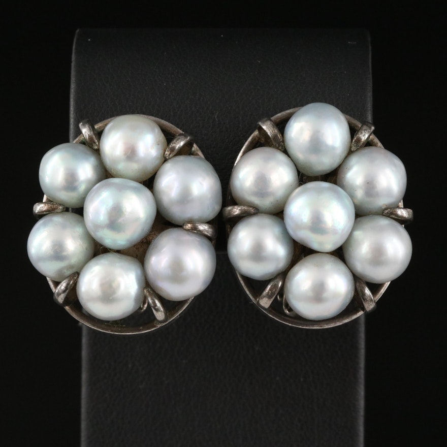 Vintage Sterling Silver Pearl Cluster Earrings