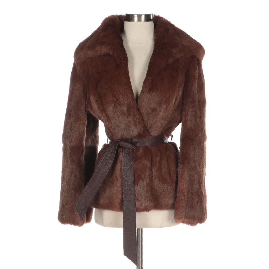 Niki Rabbit Fur Belted Jacket with Flared Sleeves