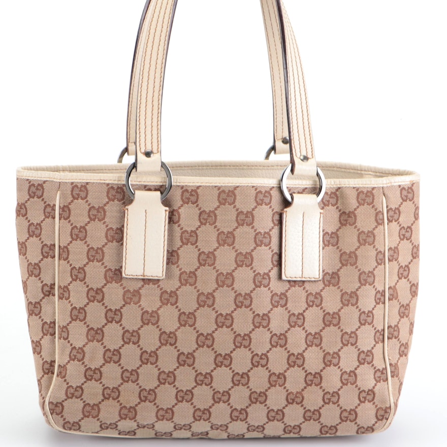 Gucci Shoulder Tote Small Tan GG Canvas and Ivory Leather