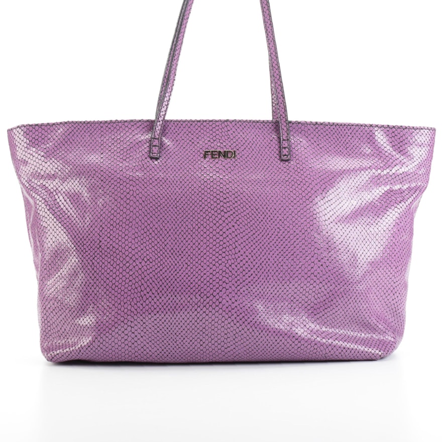 Fendi Zippered Tote Bag in Snakeskin Embossed Purple Leather
