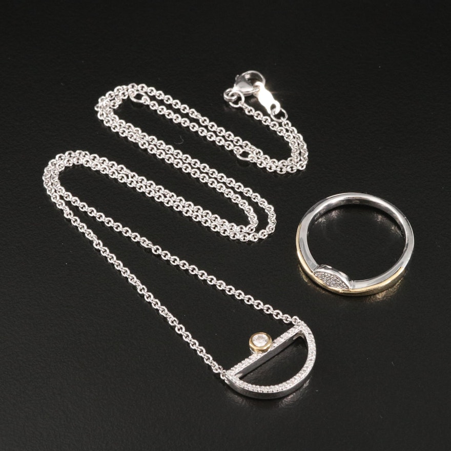 Sterling Silver Diamond Necklace and Ring Set with 10K Accents
