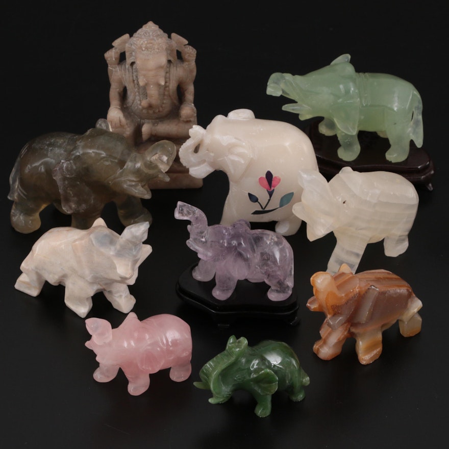 Carved Quartz, Amethyst, Nephrite, and Other Stone Elephants and More