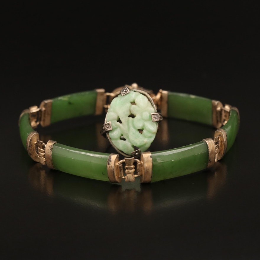 Sterling Jadeite and Nephrite Carved Ring and Bar Bracelet