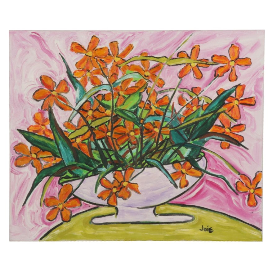 Joie Gagliano Folk Art Oil Painting of Orange Flowers in Bowl