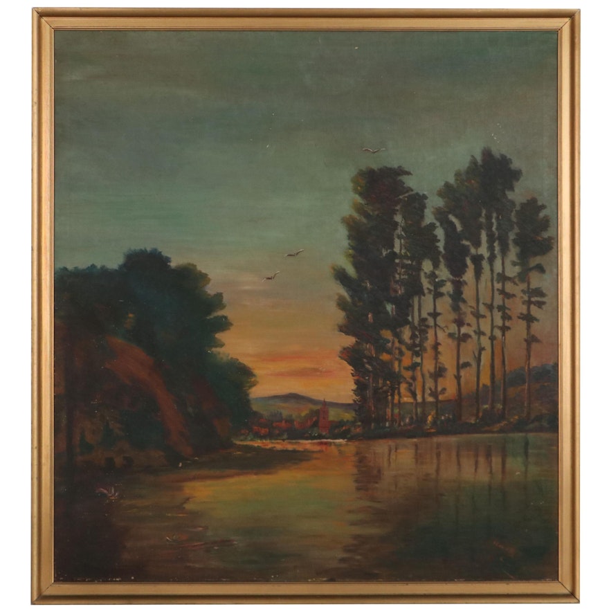 Landscape Oil Painting of Sunset Over River, Mid-20th Century