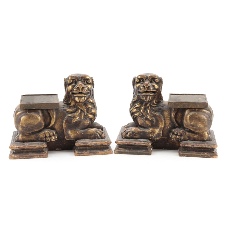 Pair of Antique Carved Foo Dog Sculptures, Early 20th Century