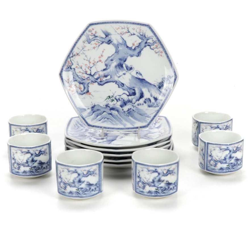 Japanese Porcelain Hand-Painted Cherry Blossom Plates and Cups