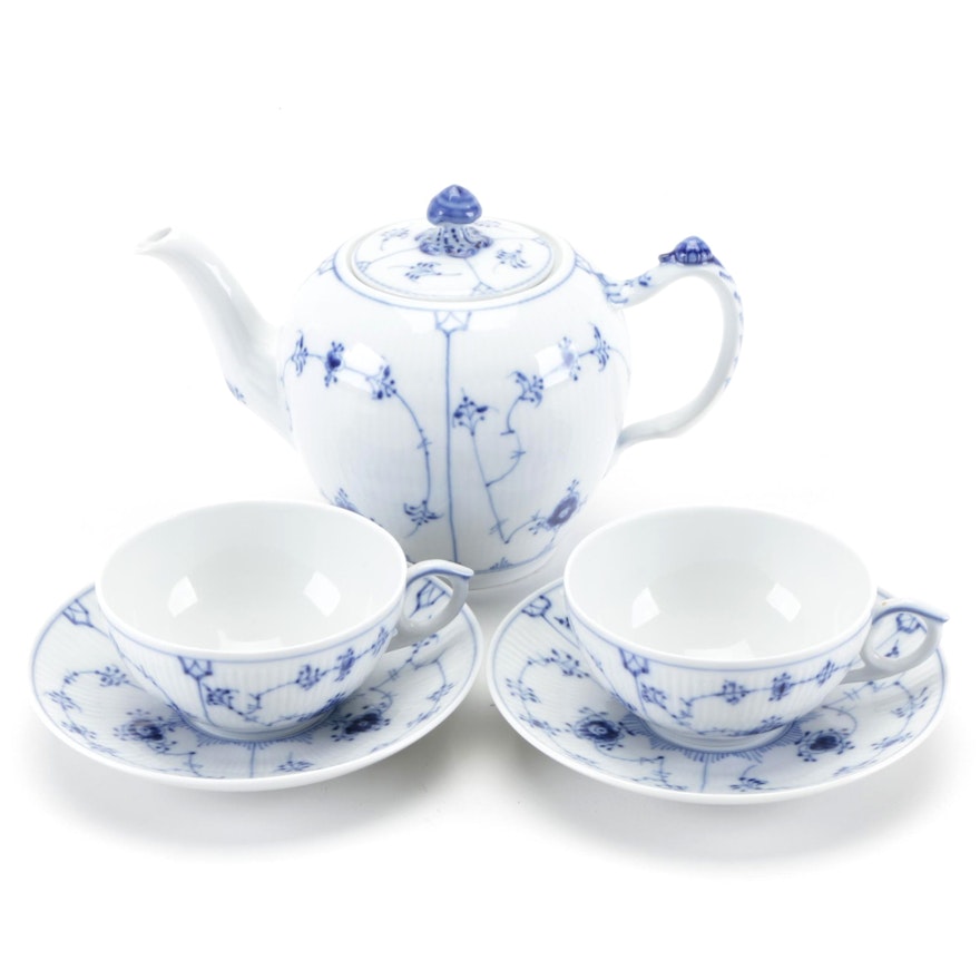 Royal Copenhagen "Blue Fluted Plain" Porcelain Teapot and Cups