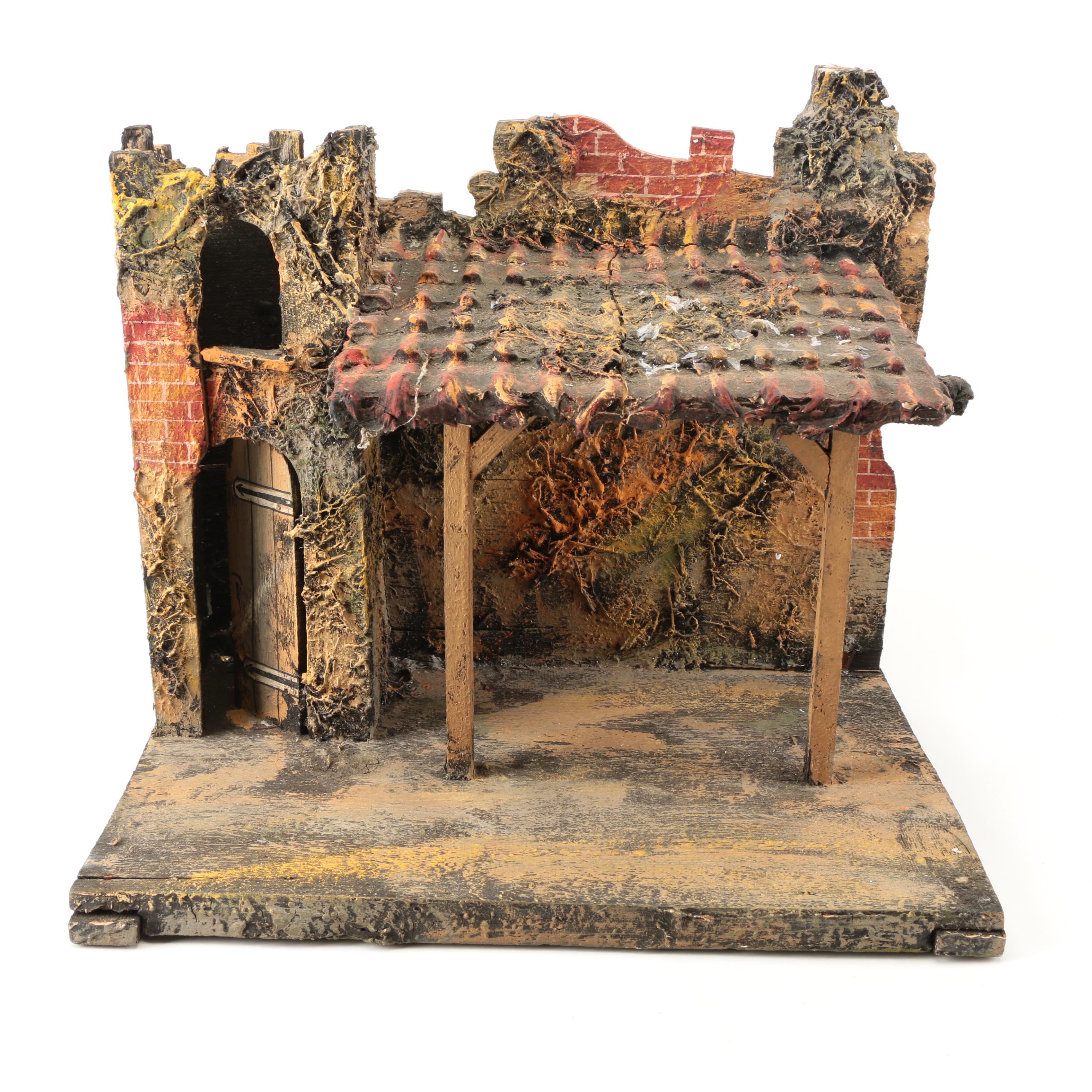 German Made Ceramic Nativity Scene Figurines with Wooden Barn