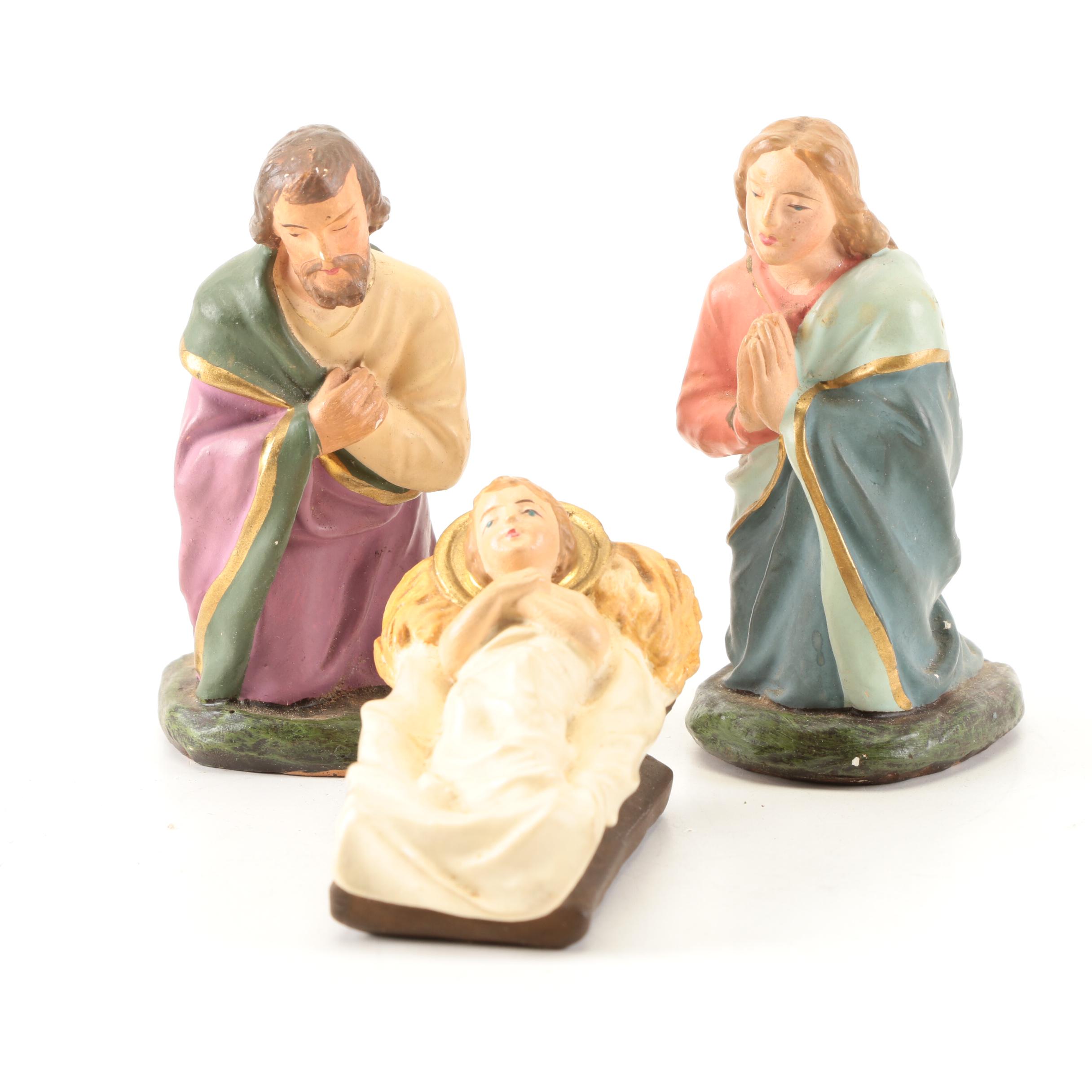 German Made Ceramic Nativity Scene Figurines with Wooden Barn